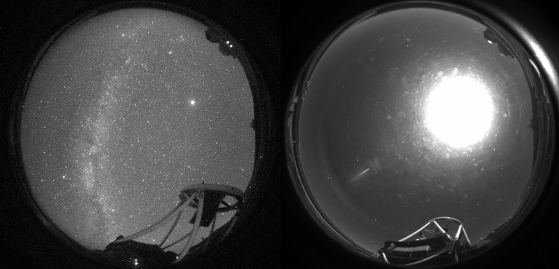 The sky over the telescope with and without the Moon