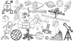 The image is filled with black and white outlines of telescopes, planets, astronauts, and space probes