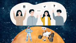 An illustration of the planet Mars with an astronaut and robot on it. Above the planet, several people are having a discussion.