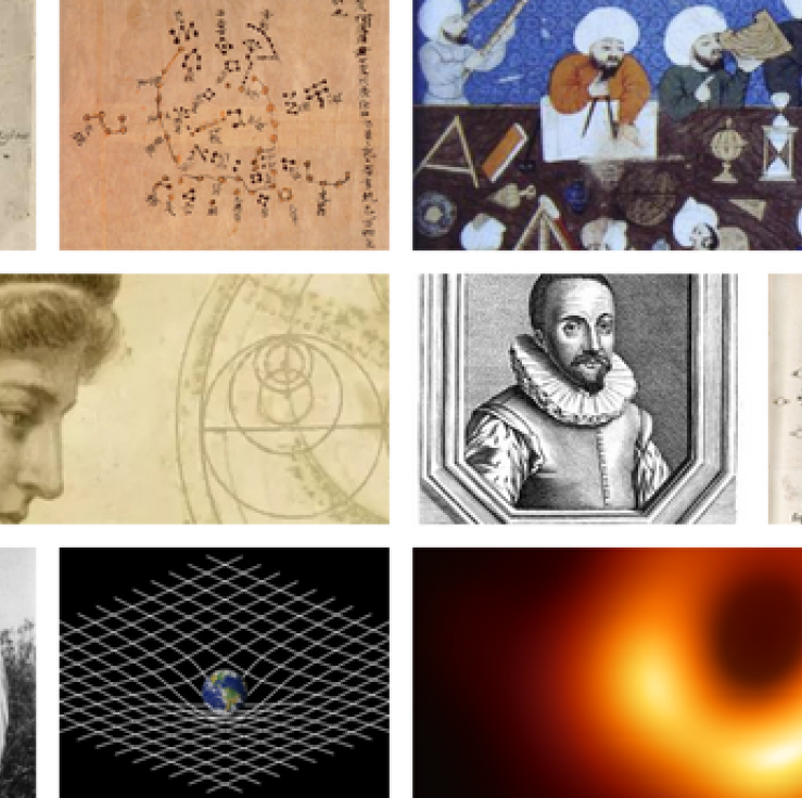 A collage of images of significant figures and discoveries from the history of astronomy