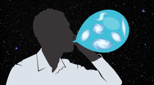 Cartoon of a person blowing up a balloon. The balloon is covered with galaxies.