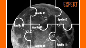 The top two thirds of the full Moon. Labels show where the 6 Apollo Missions landed. The Picture is divided up into 6 jigsaw pieces.