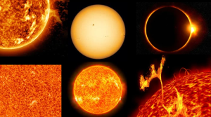 Close up images of the Sun including solar flares, sunspots, and a solar eclipse