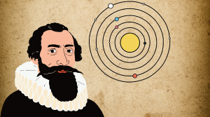 This is a cartoon image of Johannes Kepler with a parchment-like background. A diagram of a solar system is featured in the top right corner.