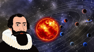 The picture shows a cartoon portrait of Johannes Kepler in front of an artist's impression of the Solar System.